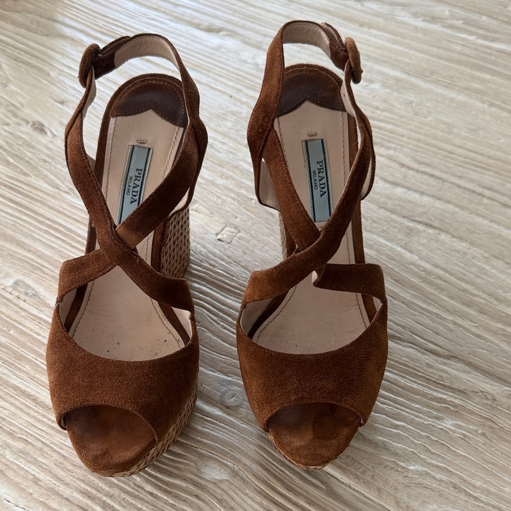 Prada Tan Suede Wedge Sandals